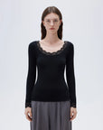 SUUKSESS Cloud Cashmere Women Lace Scoop Neck Tops Basic Long Sleeve Knit Shirts-SUUKSESS-Black-XS-SUUKSESS