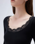 SUUKSESS Cloud Cashmere Women Lace Scoop Neck Tops Basic Long Sleeve Knit Shirts-SUUKSESS-SUUKSESS