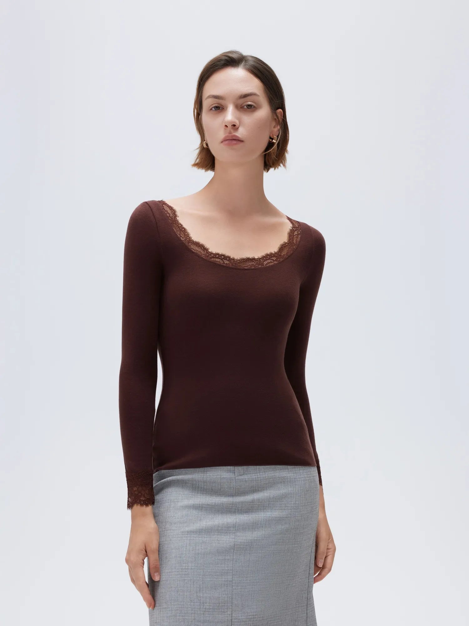 SUUKSESS Cloud Cashmere Women Lace Scoop Neck Tops Basic Long Sleeve Knit Shirts-SUUKSESS-Brown-XS-SUUKSESS