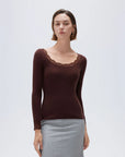 SUUKSESS Cloud Cashmere Women Lace Scoop Neck Tops Basic Long Sleeve Knit Shirts-SUUKSESS-Brown-XS-SUUKSESS