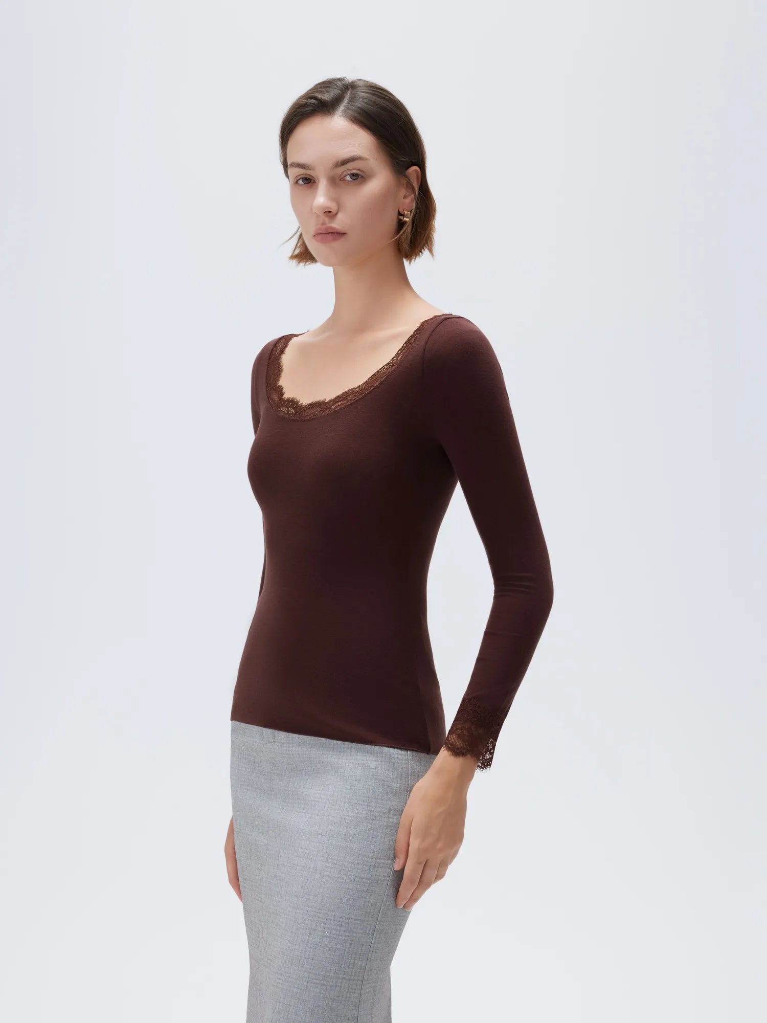 SUUKSESS Cloud Cashmere Women Lace Scoop Neck Tops Basic Long Sleeve Knit Shirts-SUUKSESS-SUUKSESS