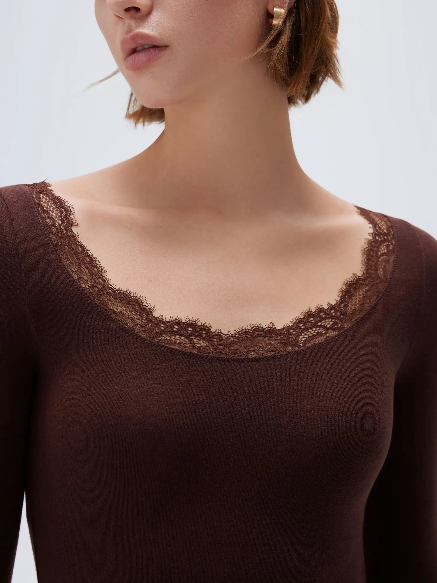 SUUKSESS Cloud Cashmere Women Lace Scoop Neck Tops Basic Long Sleeve Knit Shirts-SUUKSESS-SUUKSESS