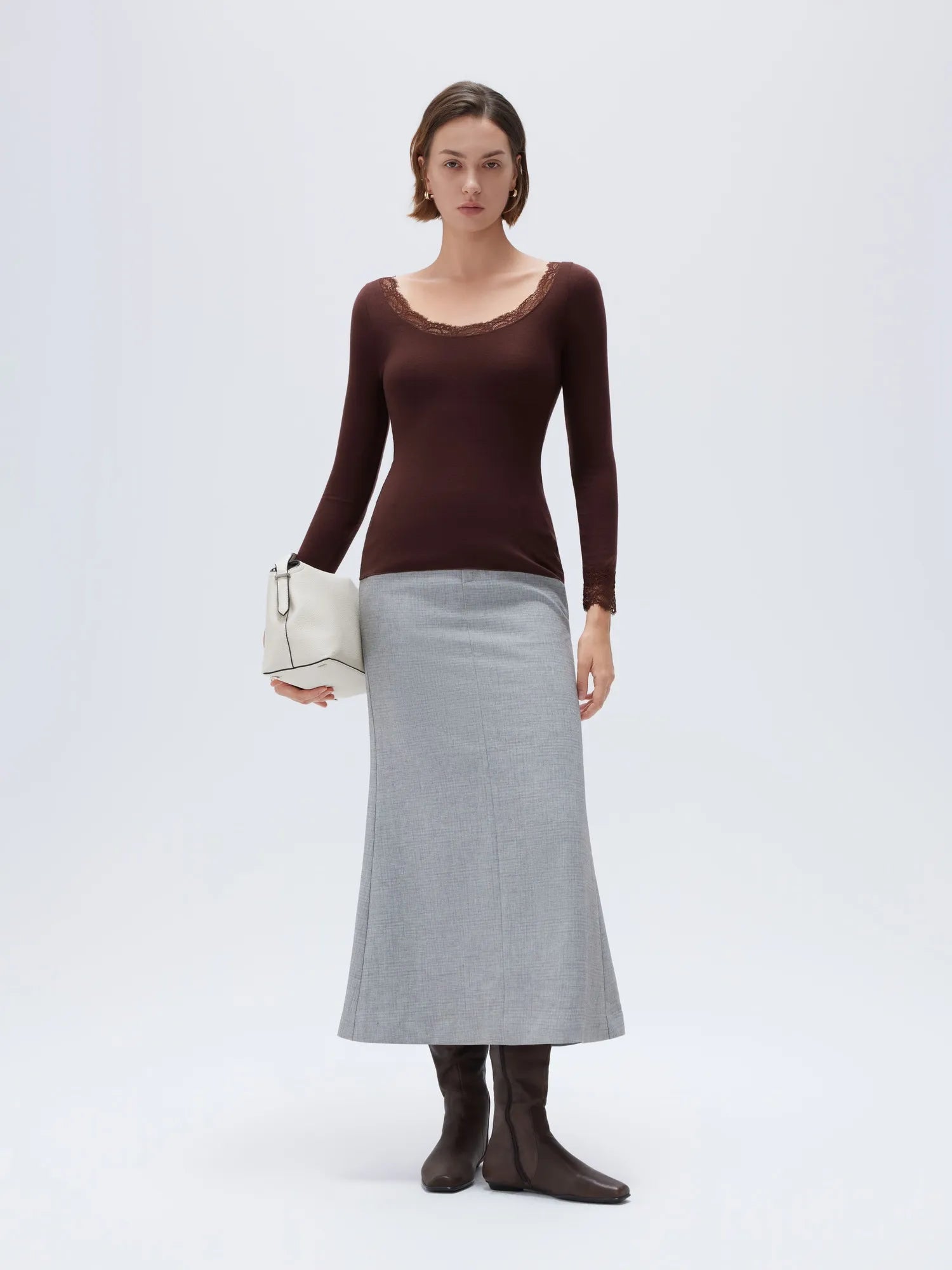 SUUKSESS Cloud Cashmere Women Lace Scoop Neck Tops Basic Long Sleeve Knit Shirts-SUUKSESS-SUUKSESS