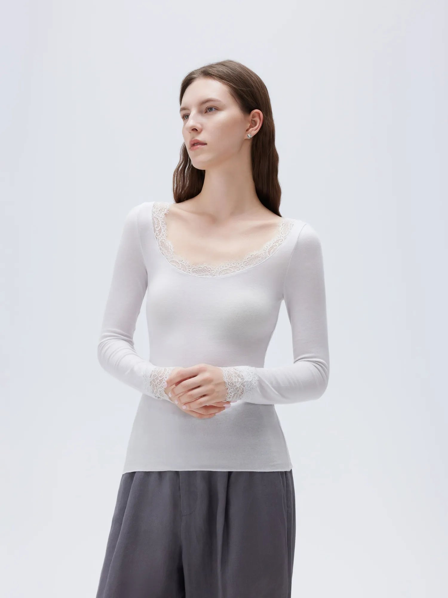 SUUKSESS Cloud Cashmere Women Lace Scoop Neck Tops Basic Long Sleeve Knit Shirts-SUUKSESS-White-XS-SUUKSESS