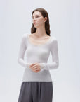 SUUKSESS Cloud Cashmere Women Lace Scoop Neck Tops Basic Long Sleeve Knit Shirts-SUUKSESS-White-XS-SUUKSESS
