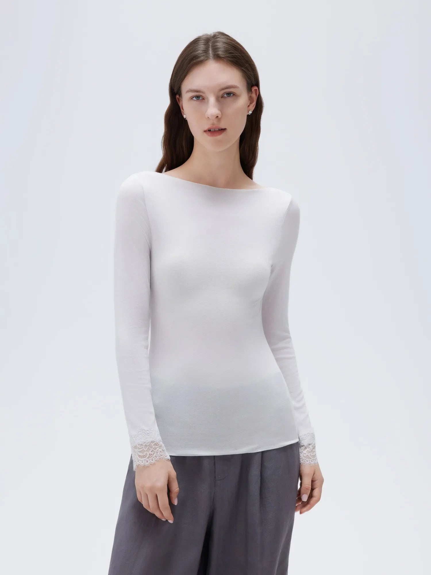 SUUKSESS Cloud Cashmere Women Lace Scoop Neck Tops Basic Long Sleeve Knit Shirts-SUUKSESS-SUUKSESS