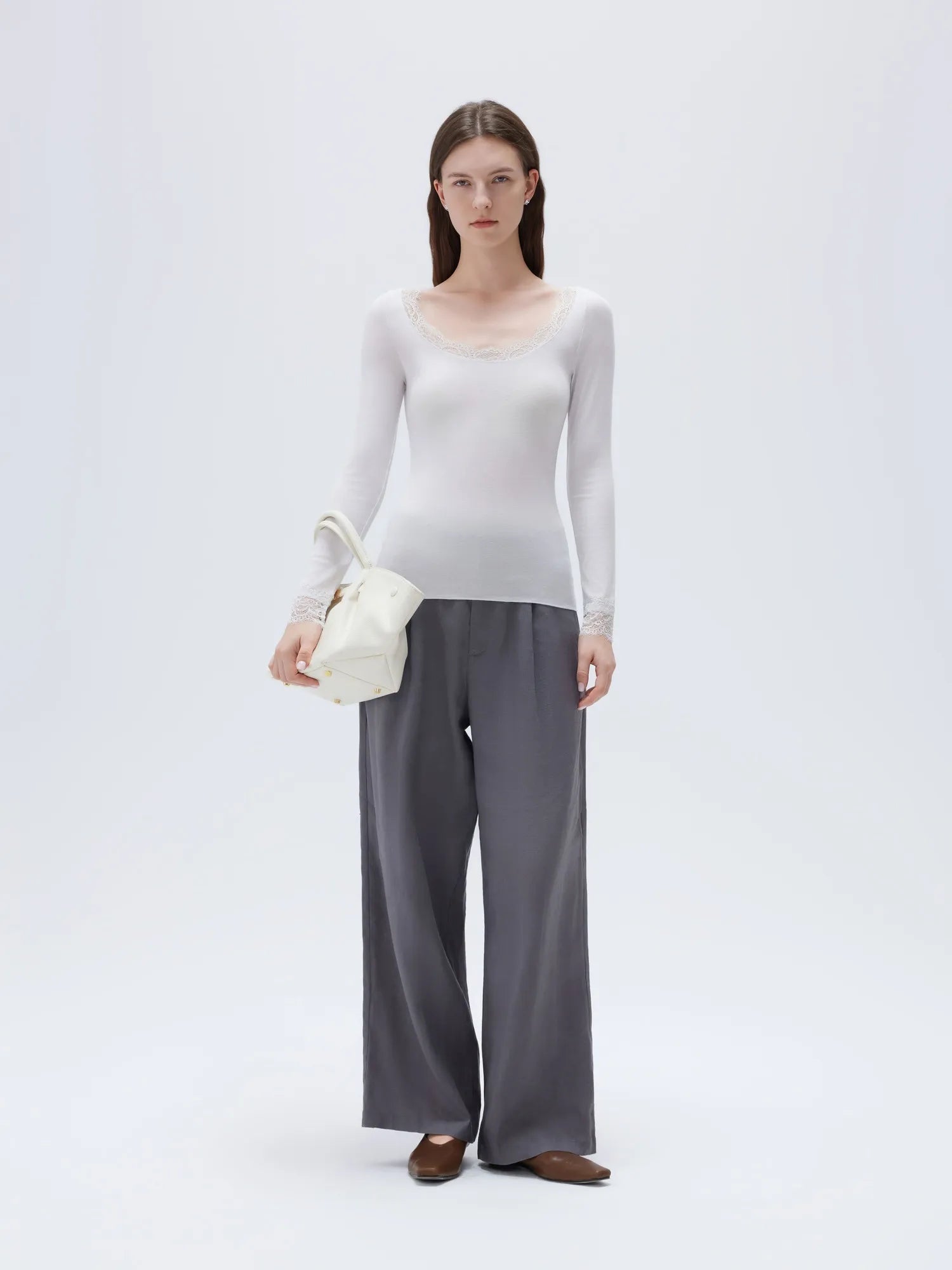 SUUKSESS Cloud Cashmere Women Lace Scoop Neck Tops Basic Long Sleeve Knit Shirts-SUUKSESS-SUUKSESS