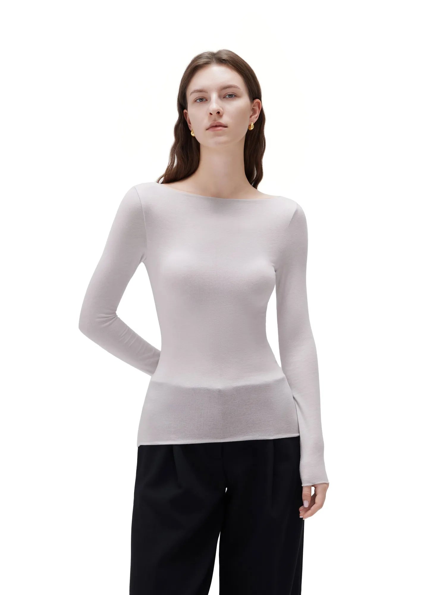 SUUKSESS Cloud Cashmere Women Lace Scoop Neck Tops Basic Long Sleeve Knit Shirts-SUUKSESS-SUUKSESS