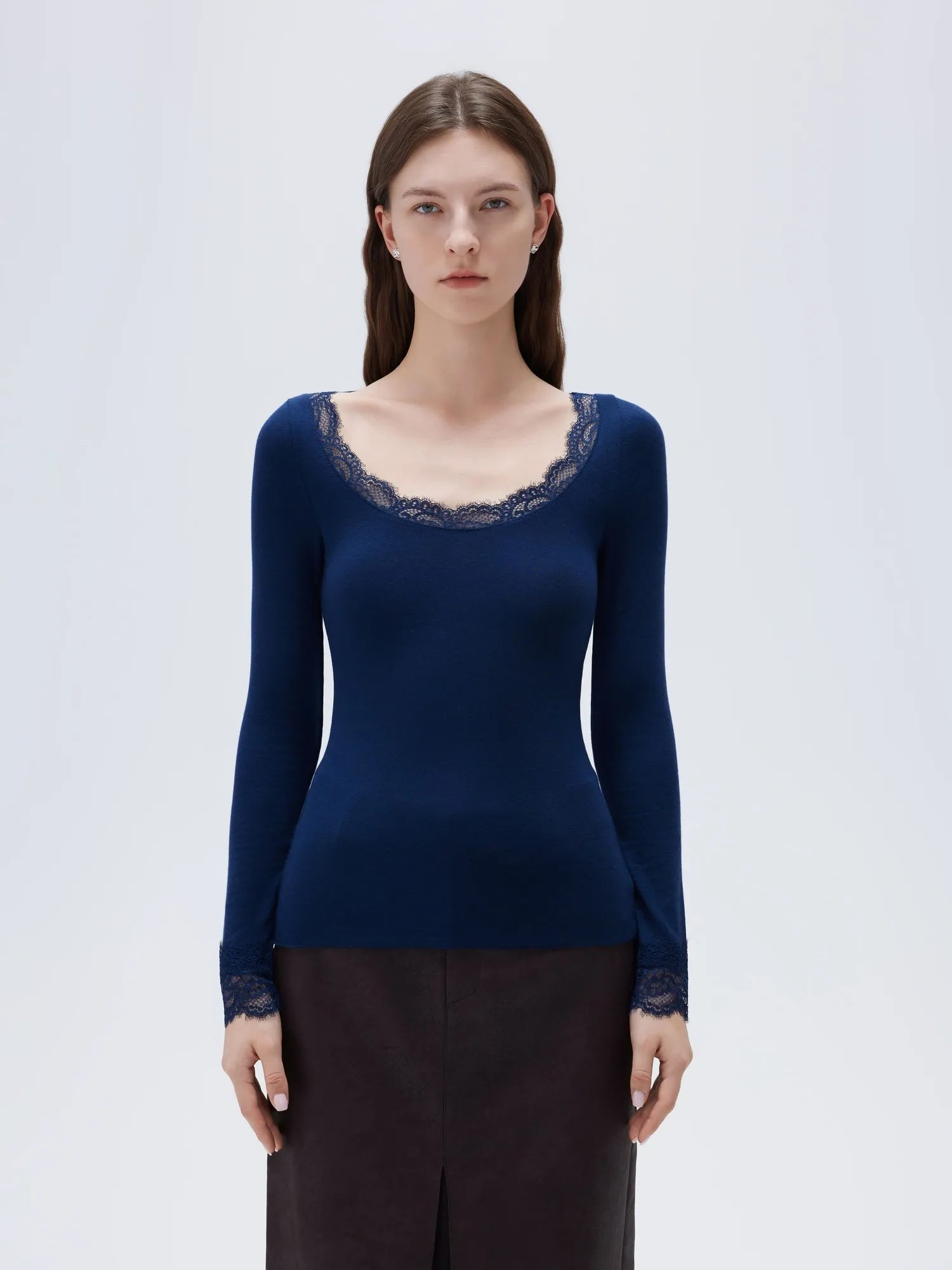 SUUKSESS Cloud Cashmere Women Lace Scoop Neck Tops Basic Long Sleeve Knit Shirts-SUUKSESS-Navy-XS-SUUKSESS