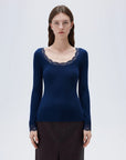 SUUKSESS Cloud Cashmere Women Lace Scoop Neck Tops Basic Long Sleeve Knit Shirts-SUUKSESS-Navy-XS-SUUKSESS