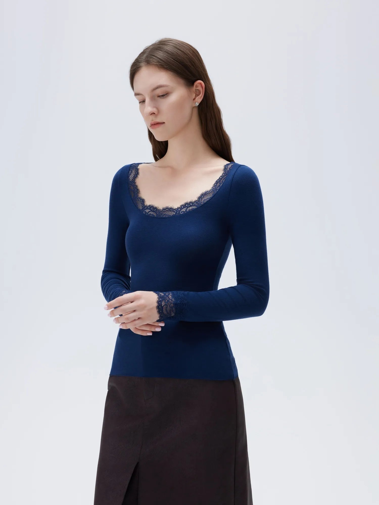 SUUKSESS Cloud Cashmere Women Lace Scoop Neck Tops Basic Long Sleeve Knit Shirts-SUUKSESS-SUUKSESS