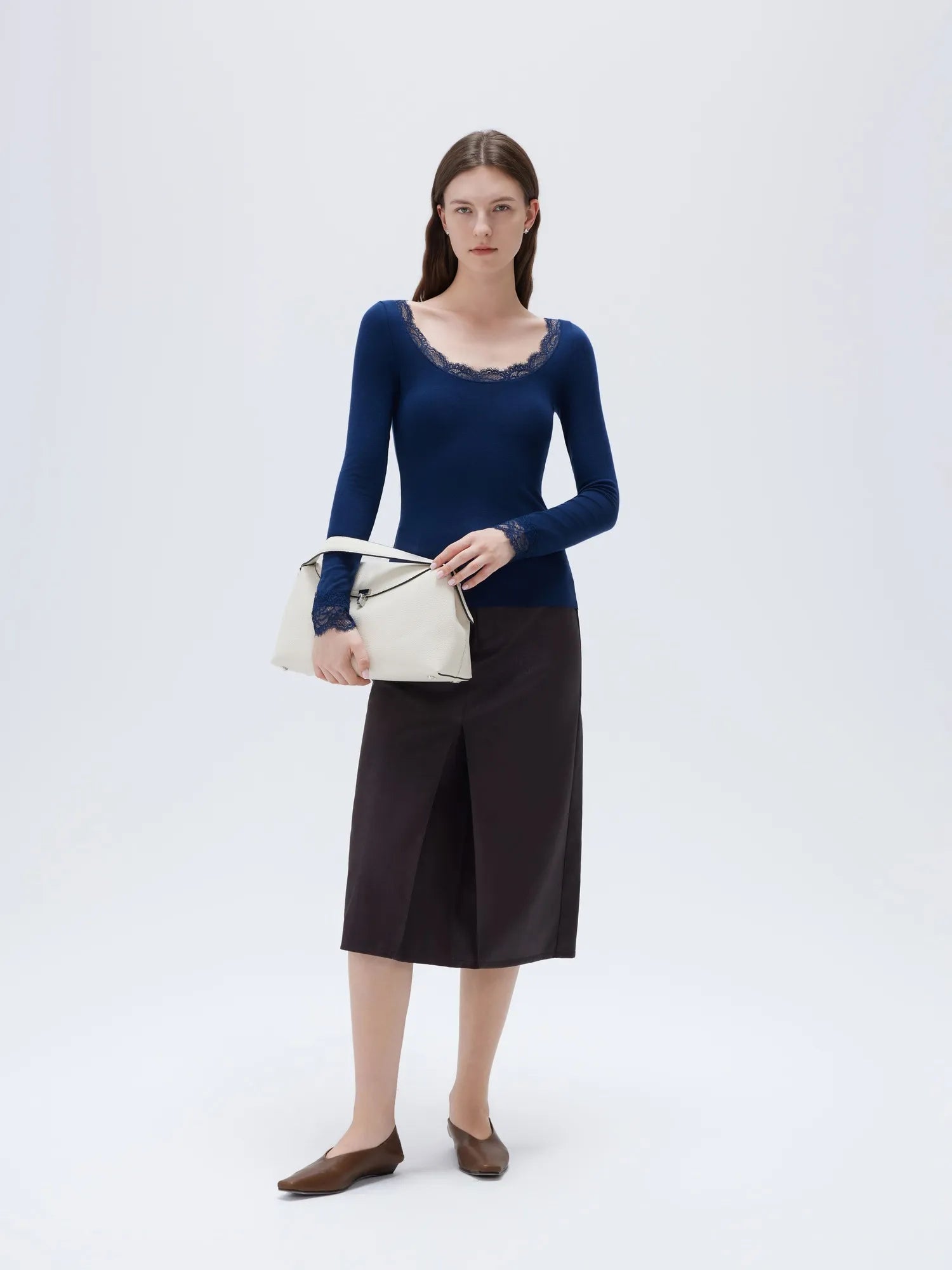 SUUKSESS Cloud Cashmere Women Lace Scoop Neck Tops Basic Long Sleeve Knit Shirts-SUUKSESS-SUUKSESS