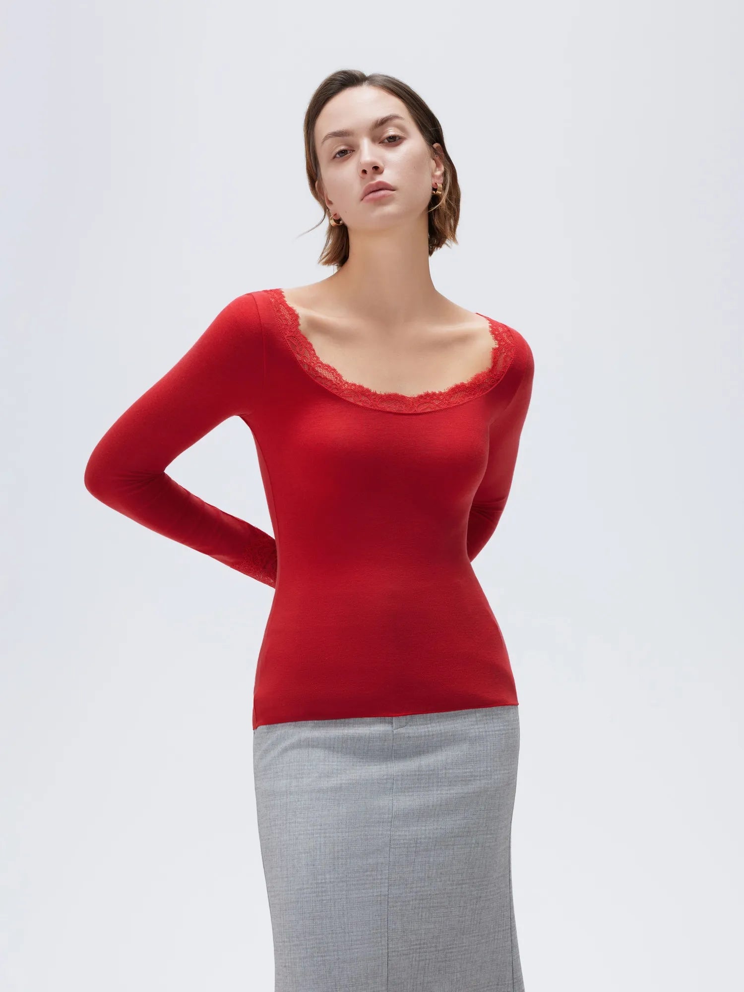 SUUKSESS Cloud Cashmere Women Lace Scoop Neck Tops Basic Long Sleeve Knit Shirts-SUUKSESS-Red-XS-SUUKSESS