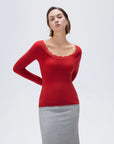 SUUKSESS Cloud Cashmere Women Lace Scoop Neck Tops Basic Long Sleeve Knit Shirts-SUUKSESS-Red-XS-SUUKSESS