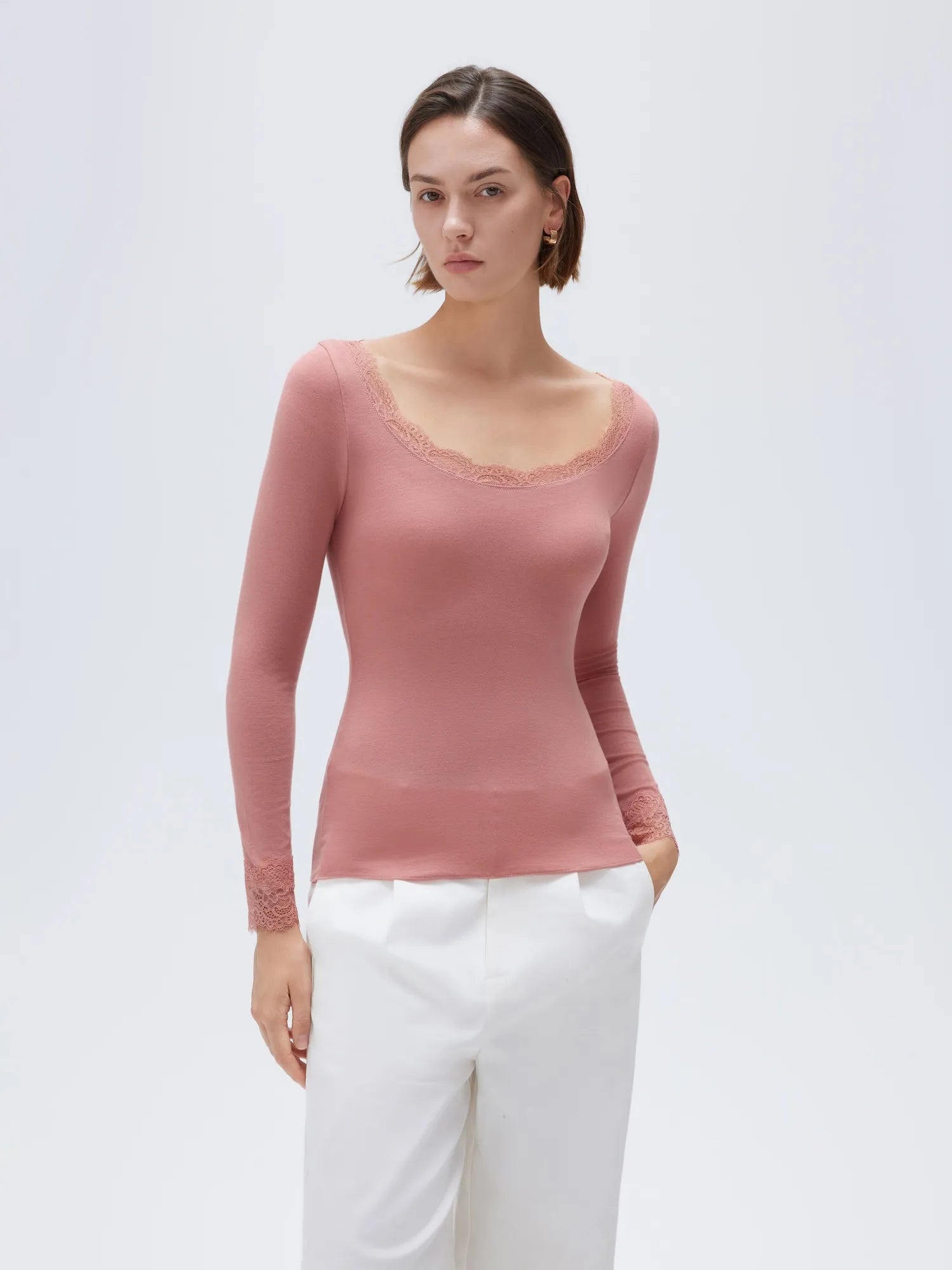 SUUKSESS Cloud Cashmere Women Lace Scoop Neck Tops Basic Long Sleeve Knit Shirts-SUUKSESS-Light Coral-XS-SUUKSESS