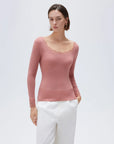 SUUKSESS Cloud Cashmere Women Lace Scoop Neck Tops Basic Long Sleeve Knit Shirts-SUUKSESS-Light Coral-XS-SUUKSESS