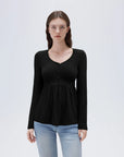 SUUKSESS Women Peplum Babydoll Tops Ribbed Long Sleeve Tunic Going Out Blouses-SUUKSESS-Black-XS-SUUKSESS