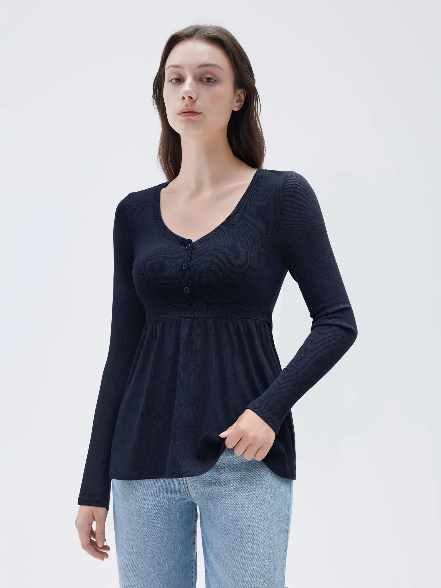 SUUKSESS Women Peplum Babydoll Tops Ribbed Long Sleeve Tunic Going Out Blouses-SUUKSESS-SUUKSESS