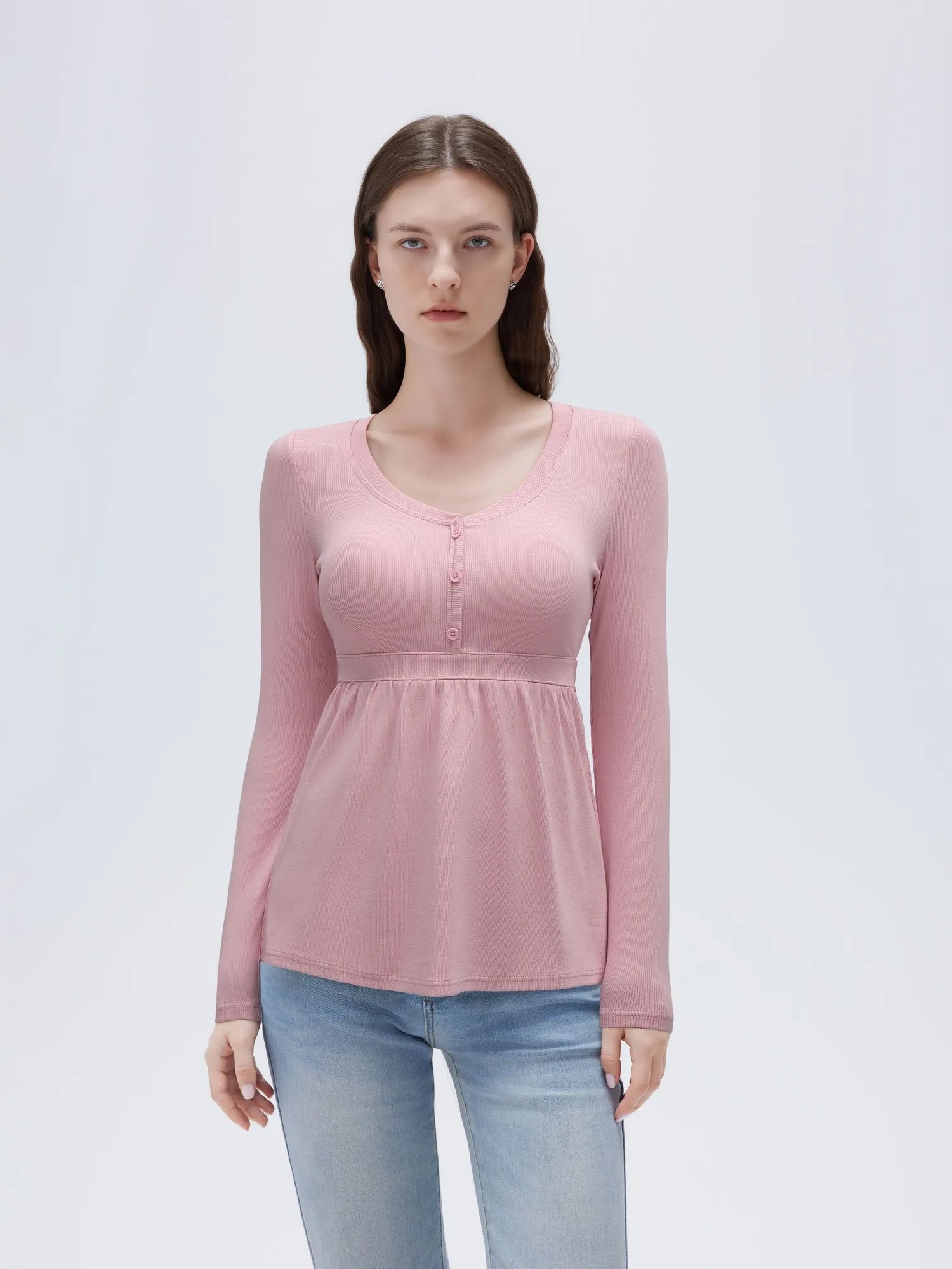 SUUKSESS Women Peplum Babydoll Tops Ribbed Long Sleeve Tunic Going Out Blouses-SUUKSESS-Pink-XS-SUUKSESS