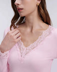 Sexy V Neck Lace Shirt - Long Sleeve