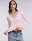 Sexy V Neck Lace Shirt - Long Sleeve