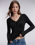 Sexy V Neck Lace Shirt - Long Sleeve