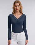 Sexy V Neck Lace Shirt - Long Sleeve