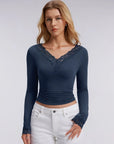 Sexy V Neck Lace Shirt - Long Sleeve