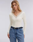 Sexy V Neck Lace Shirt - Long Sleeve