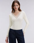 Sexy V Neck Lace Shirt - Long Sleeve