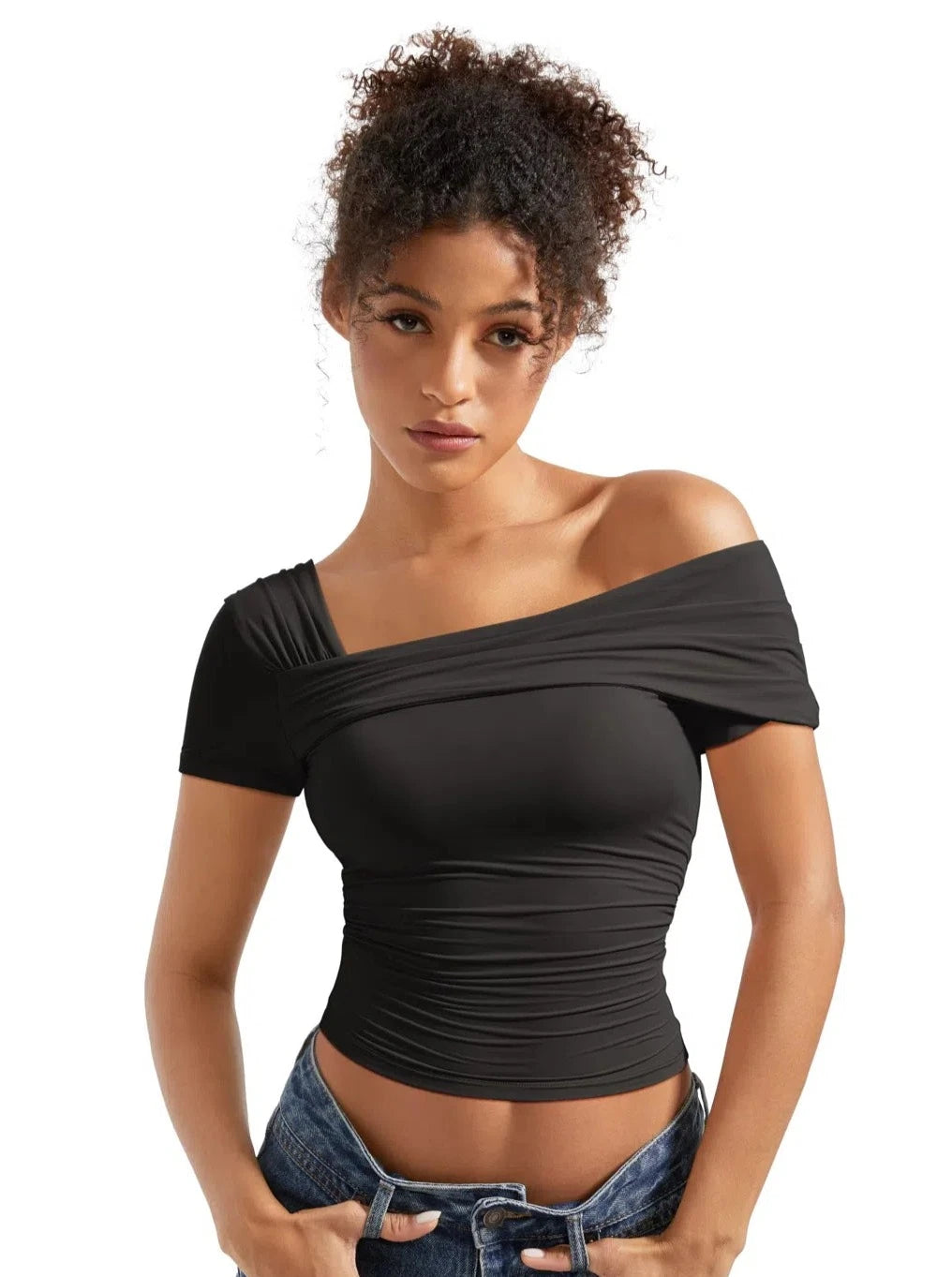 One Off Shoulder Ruched Short Shirt-Clothing-SUUKSESS-SUUKSESS