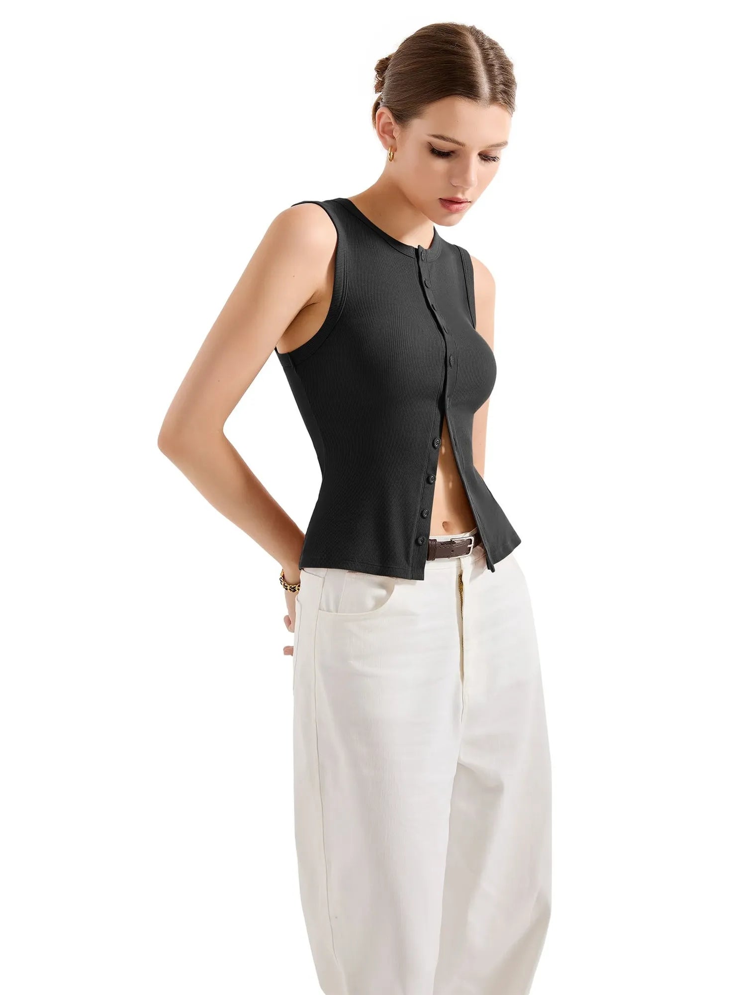 Button Style Cotton Ribbed Sleeveless Top-SUUKSESS-SUUKSESS