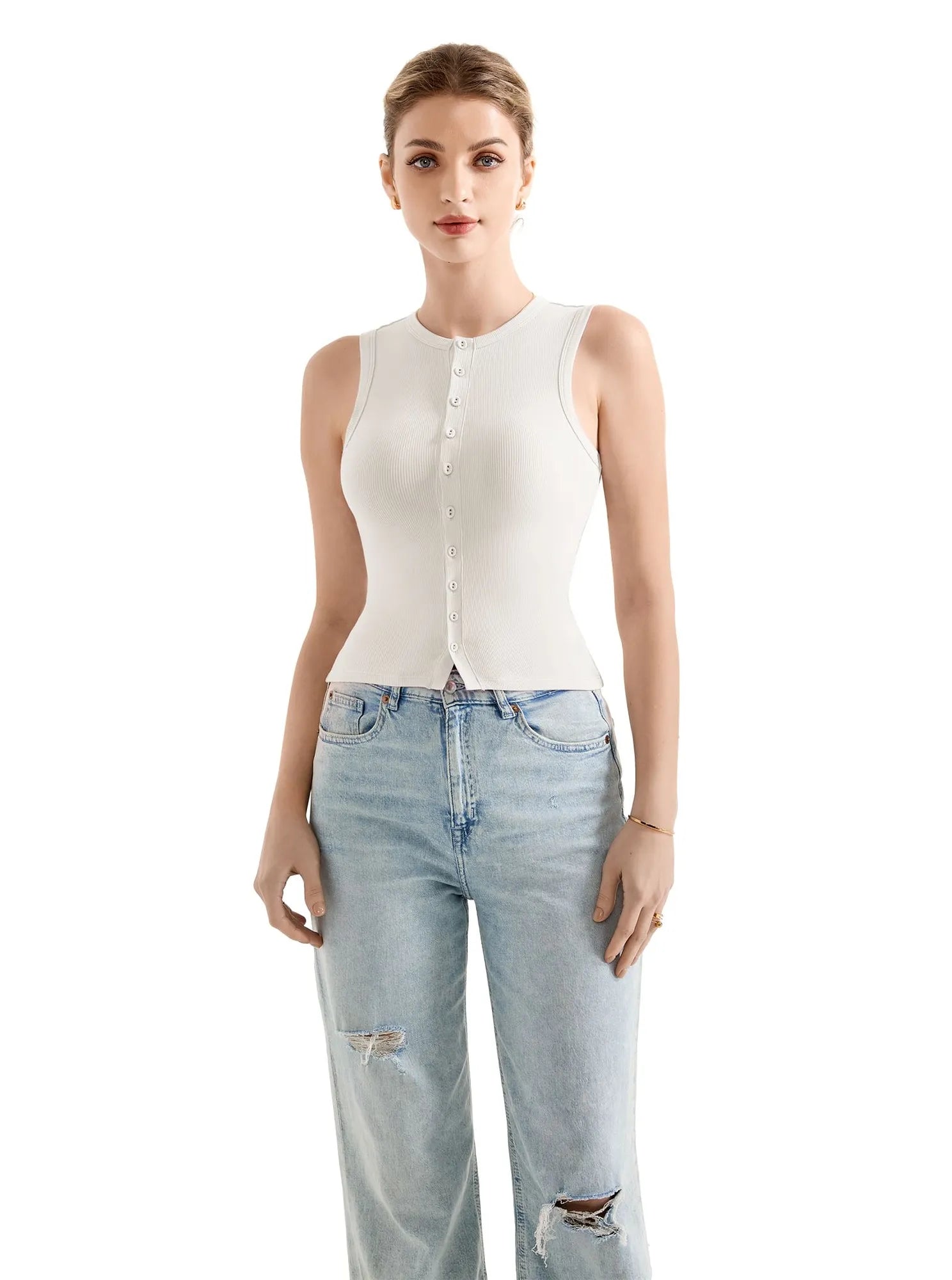 Button Style Cotton Ribbed Sleeveless Top-SUUKSESS-White-XS-SUUKSESS