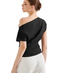 SUUKSESS Women Off The Shoulder Summer Tops One Shoulder T Shirt Casual Short Sleeve Boat Neck Tees-SUUKSESS-SUUKSESS