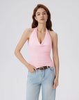 Deep V Halter Open Back Tank Tops-SUUKSESS-Pink-XS-SUUKSESS