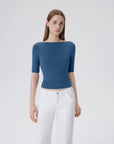 Tight Fitted Half Sleeve Boat Neck Shirt-SUUKSESS-Blue-XS-SUUKSESS