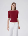 Tight Fitted Half Sleeve Boat Neck Shirt-SUUKSESS-Wine Red-XS-SUUKSESS