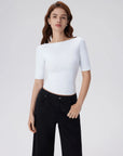 Tight Fitted Half Sleeve Boat Neck Shirt-SUUKSESS-Snow White-XS-SUUKSESS