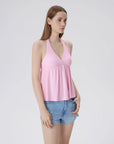 Babydoll Halter Peplum Backless Tank Tops-SUUKSESS-Pink-XS-SUUKSESS