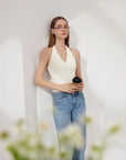 Double Lined V Neck Halter Backless Tank Tops-SUUKSESS-SUUKSESS