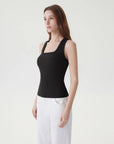 Cotton Ribbed Square Neck Tank Tops-SUUKSESS-Black-XS-SUUKSESS