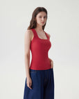 Cotton Ribbed Square Neck Tank Tops-SUUKSESS-Red-XS-SUUKSESS