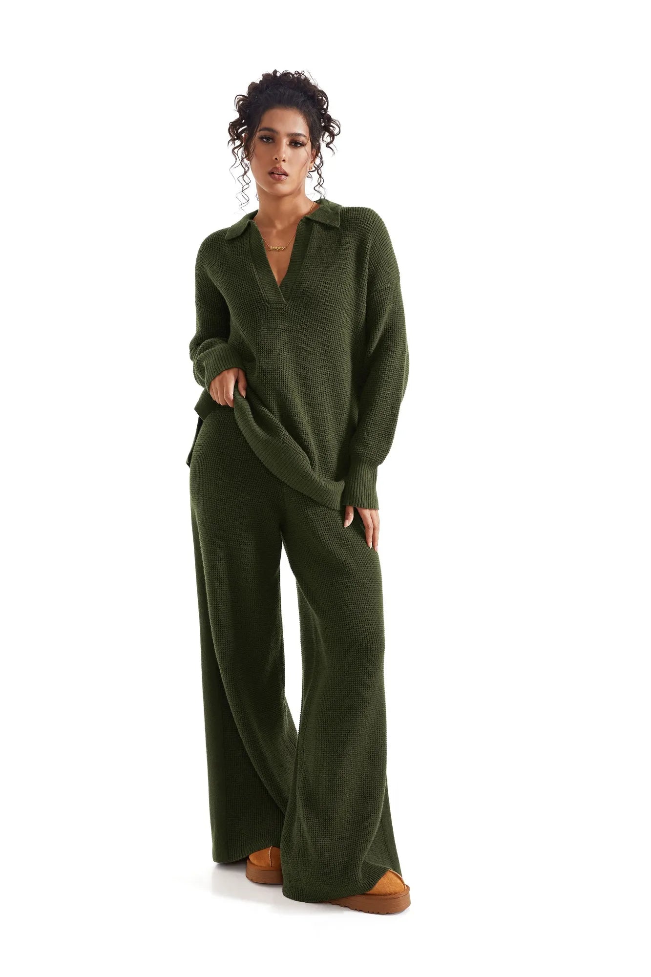 Waffle Knit Sweater Lounge Set-Clothing-SUUKSESS-SUUKSESS