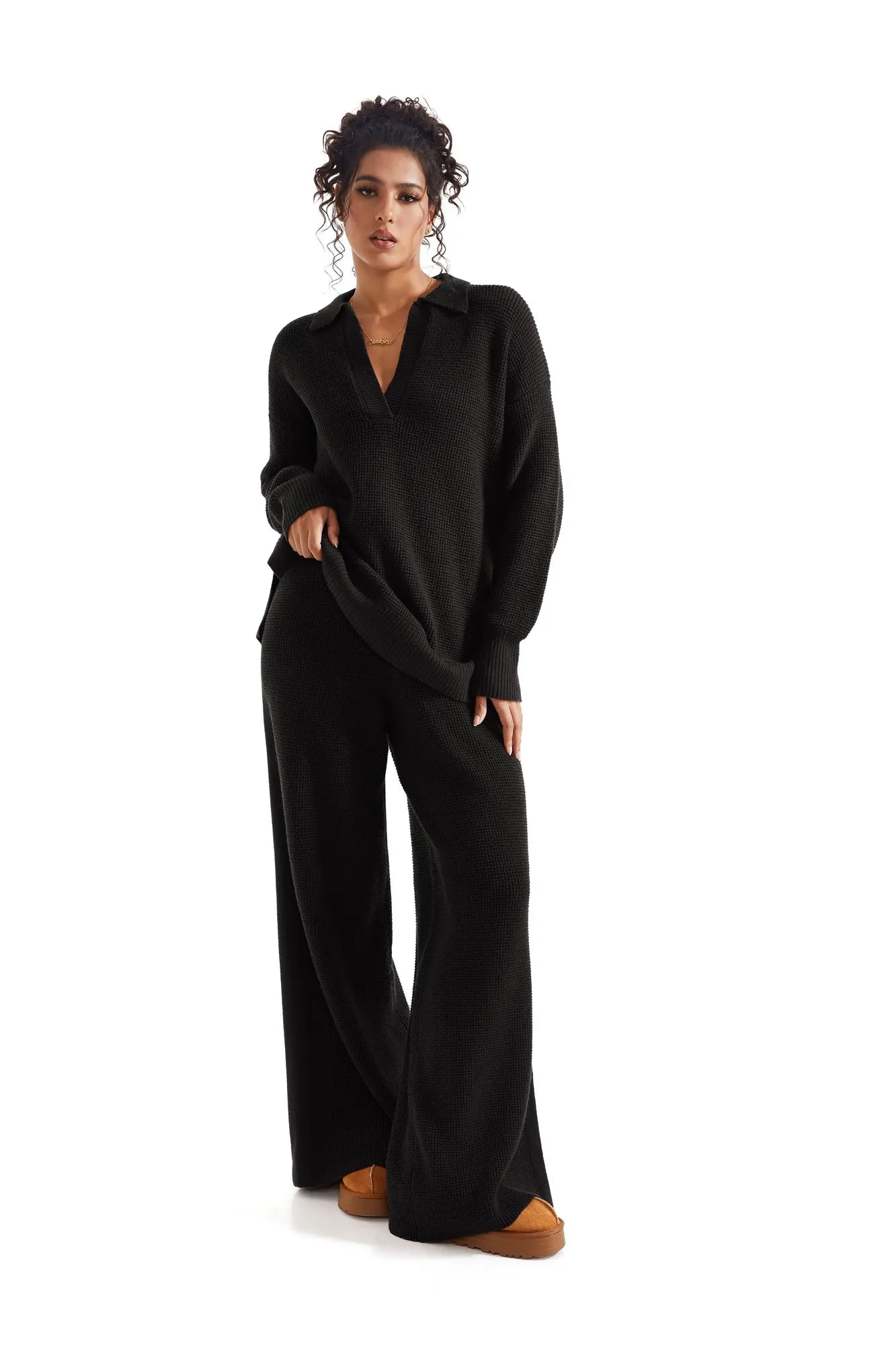 Waffle Knit Sweater Lounge Set-Clothing-SUUKSESS-SUUKSESS