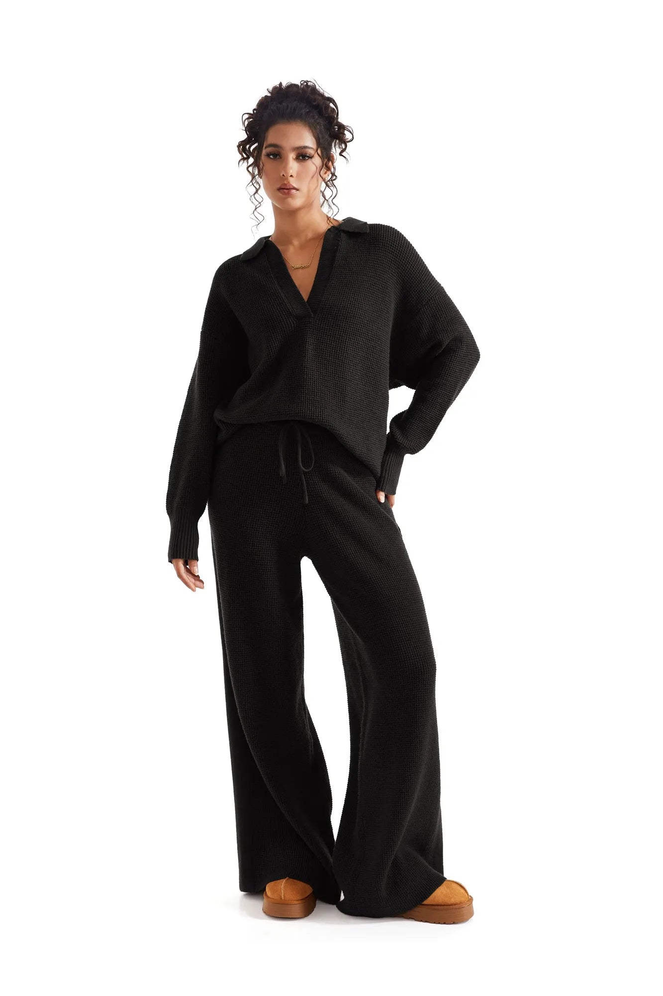 Waffle Knit Sweater Lounge Set-Clothing-SUUKSESS-SUUKSESS