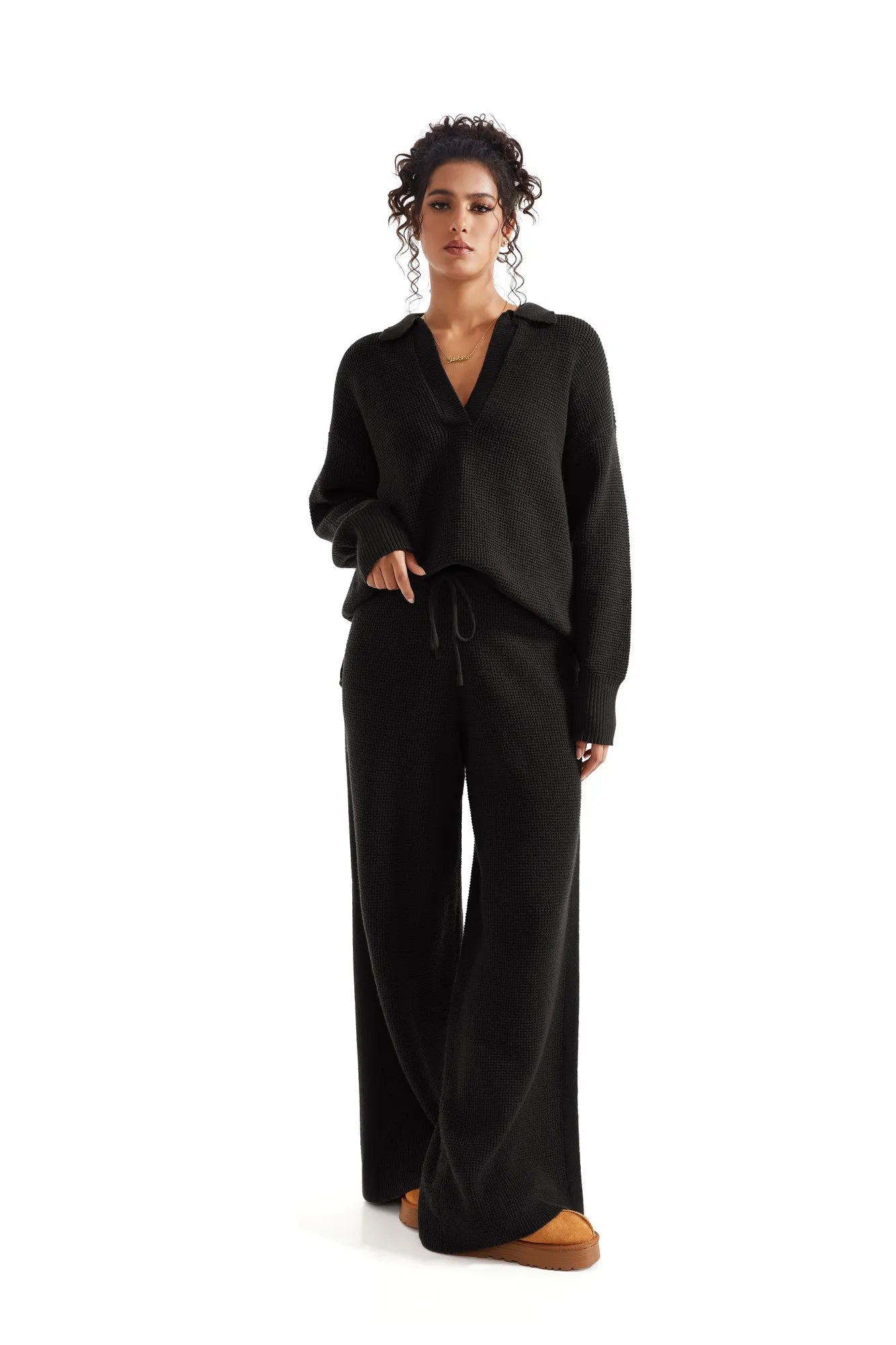 Waffle Knit Sweater Lounge Set-Clothing-SUUKSESS-SUUKSESS
