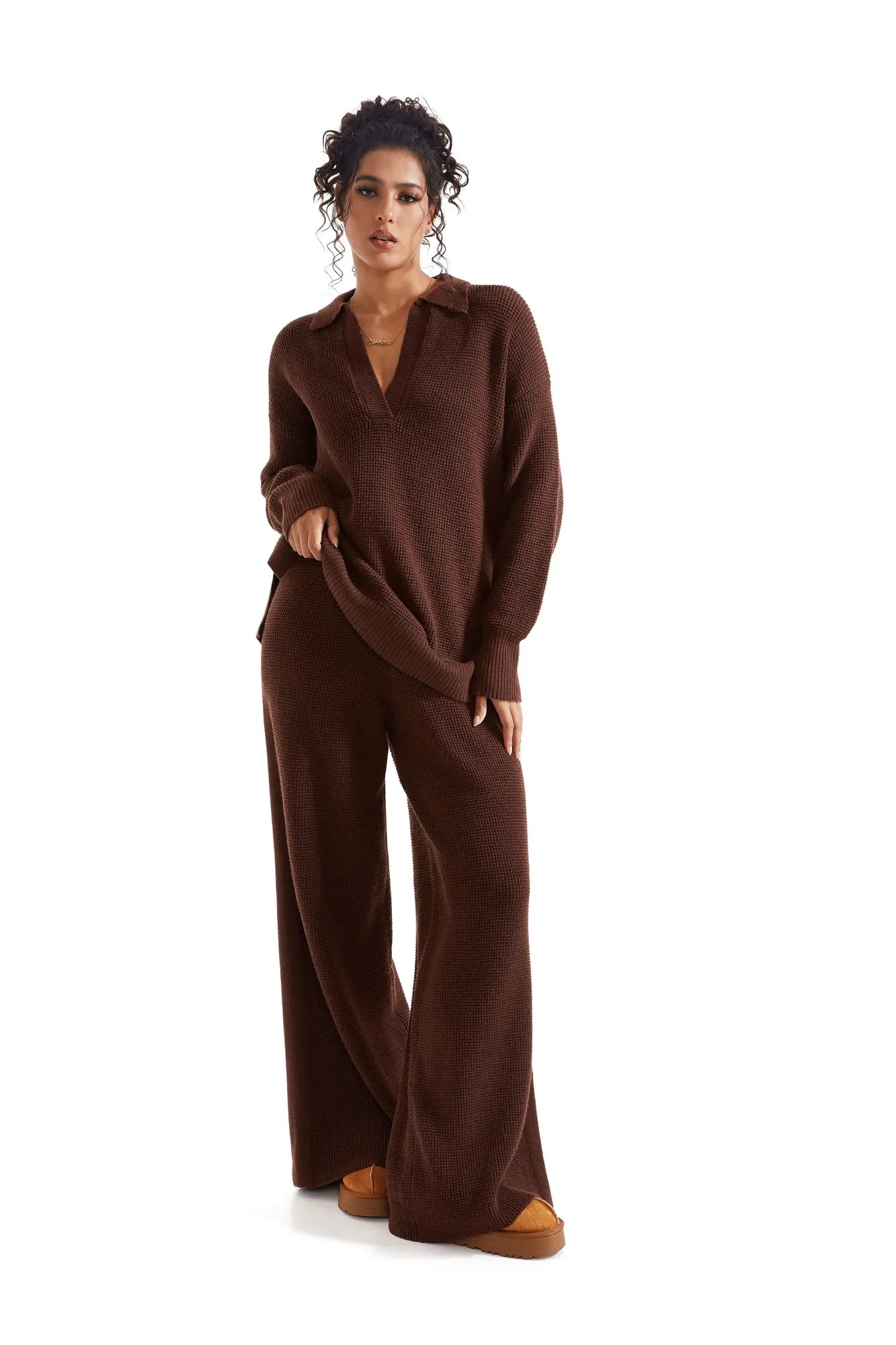 Waffle Knit Sweater Lounge Set-Clothing-SUUKSESS-SUUKSESS
