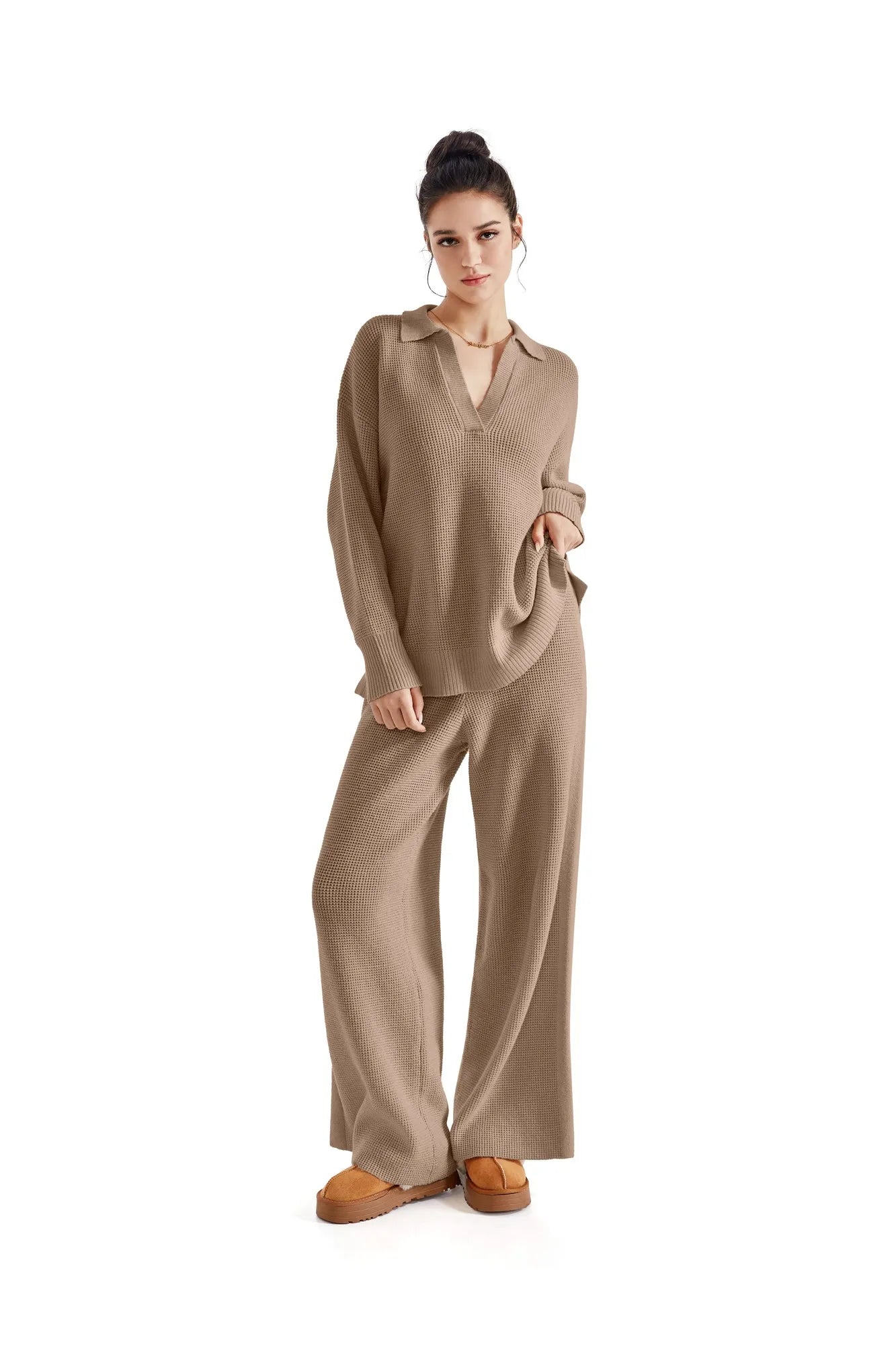 Waffle Knit Sweater Lounge Set-Clothing-SUUKSESS-SUUKSESS