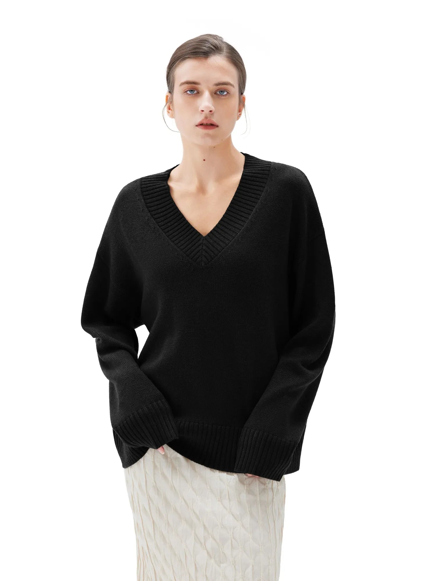 SUUKSESS Women Cashmere Oversized V Neck Pullover Sweaters Long Sleeve Jumpers-SUUKSESS-Black-XS-SUUKSESS