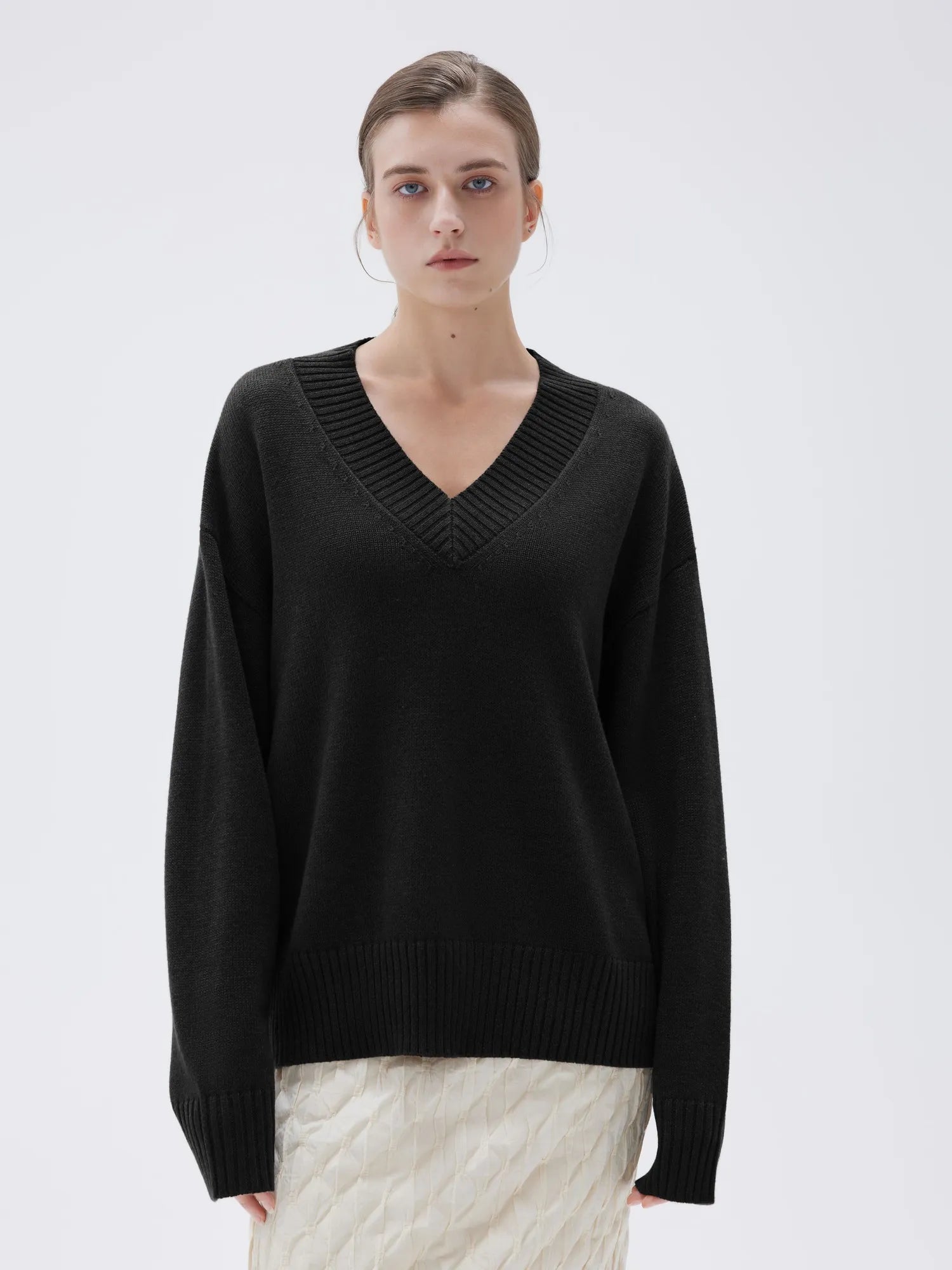 SUUKSESS Women Cashmere Oversized V Neck Pullover Sweaters Long Sleeve Jumpers-SUUKSESS-SUUKSESS